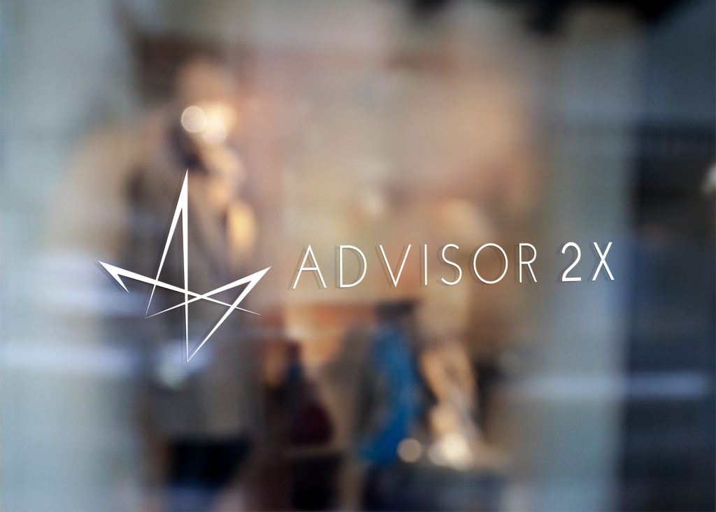 Advisor2X logo decal, all white, on a glass office door