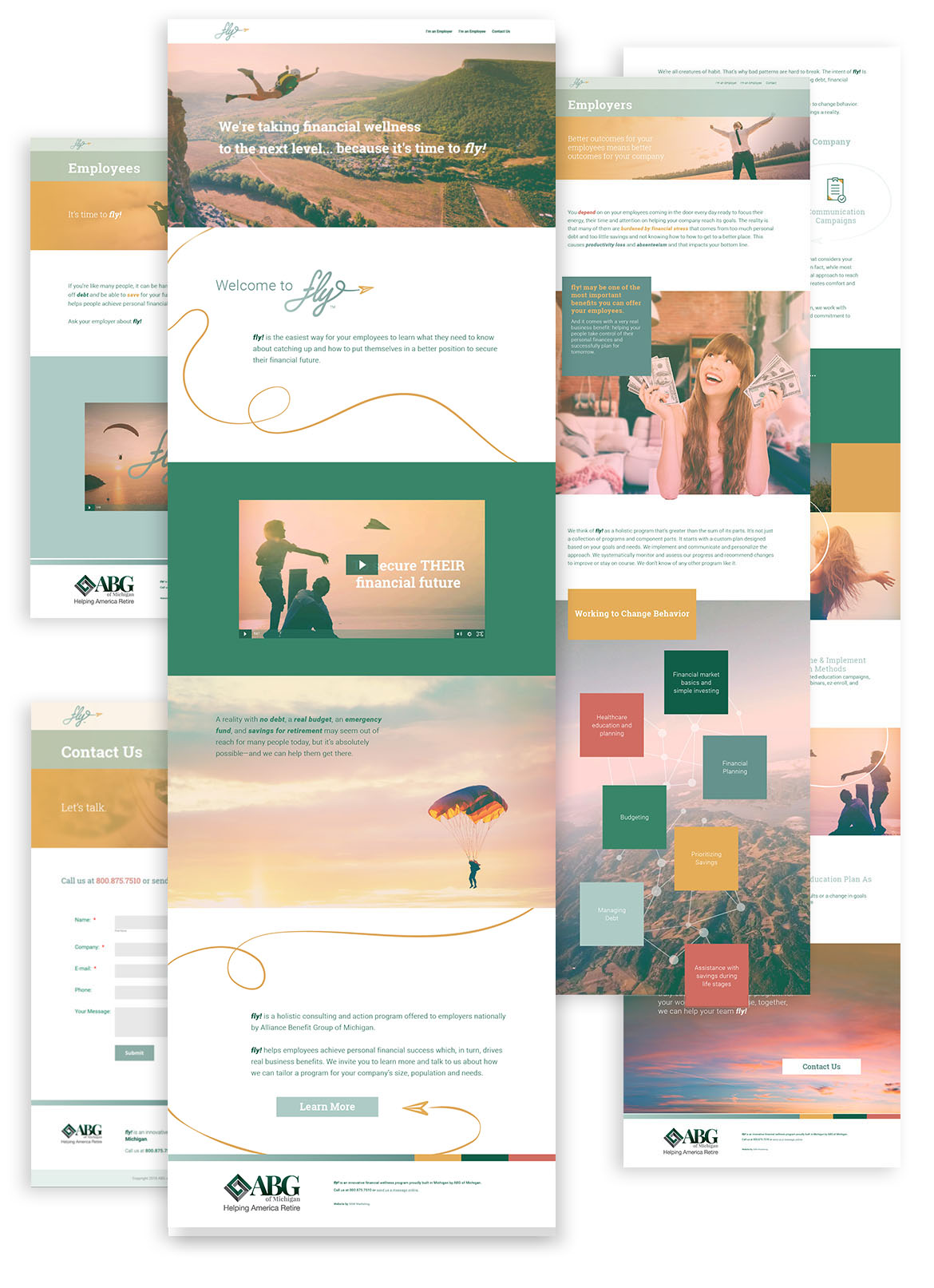 Flat composition showcasing full fly! webpage designs