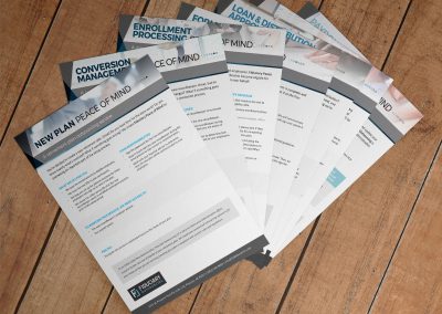 Set of 7 different handouts promoting the 7 key product offerings from Fiduciary Outsourcing