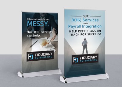 2 tabletop standing banners with marketing messages for Fiduciary Outsourcing