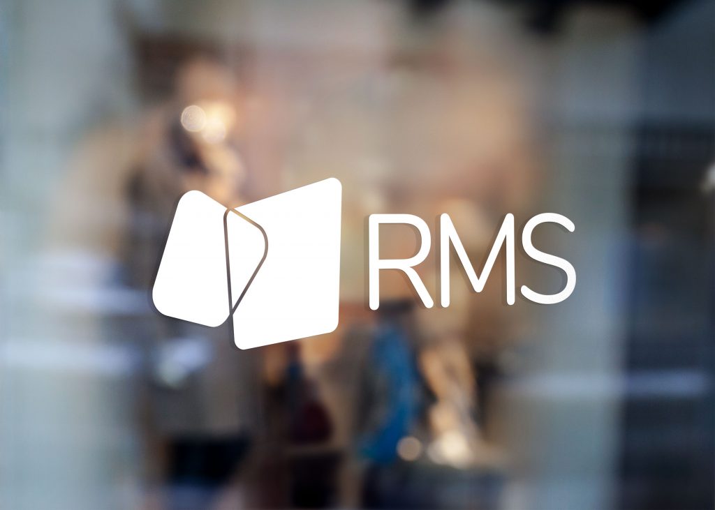 RMS all-white logo decal displayed on a window