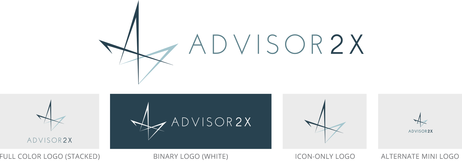 Advisor2X logo design set, including official full color, binary color, horizontal, stacked, icon, and miniature versions