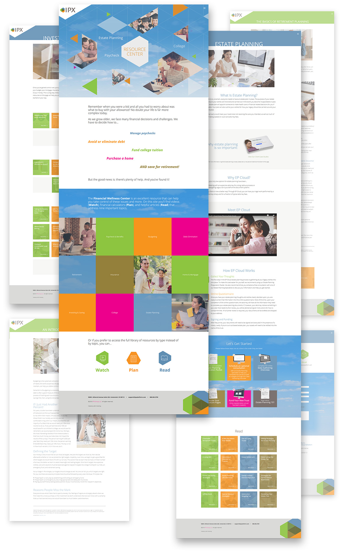 Flat composition showcasing full Financial Wellness Center webpage designs