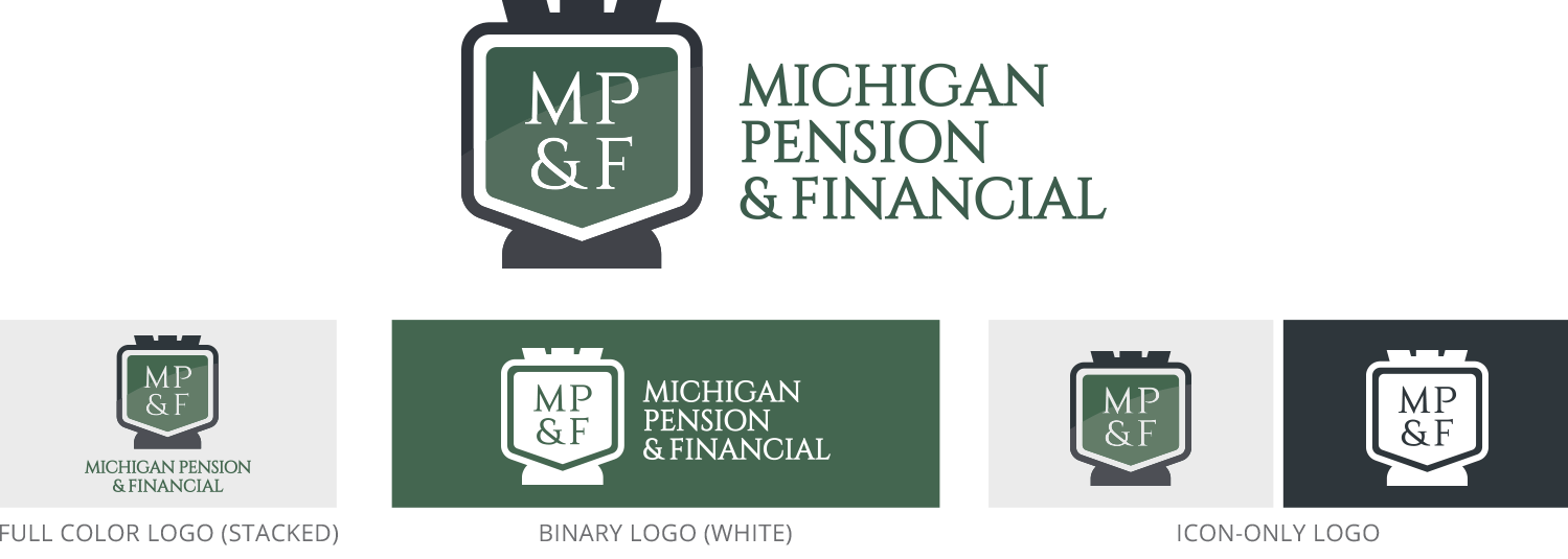 Michigan Pension official logo set, including full color, binary color, stacked, and icon versions