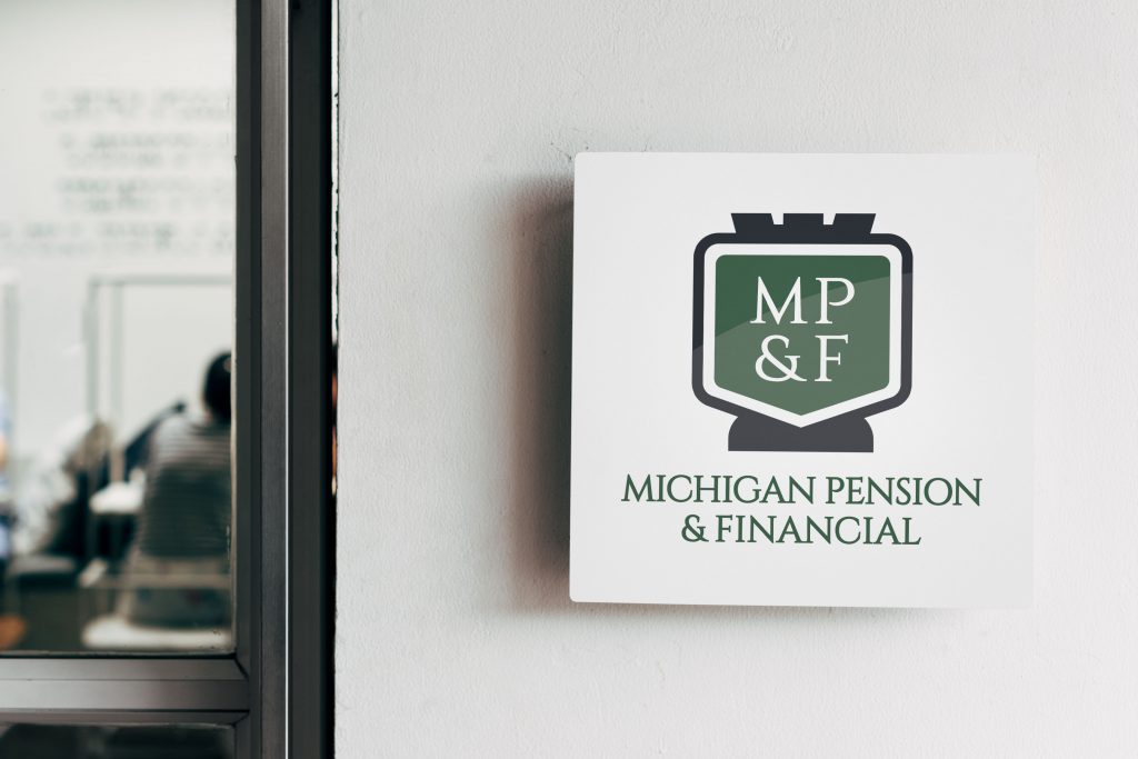 Stacked Michigan Pension logo on a square wall sign mounted next to an office door