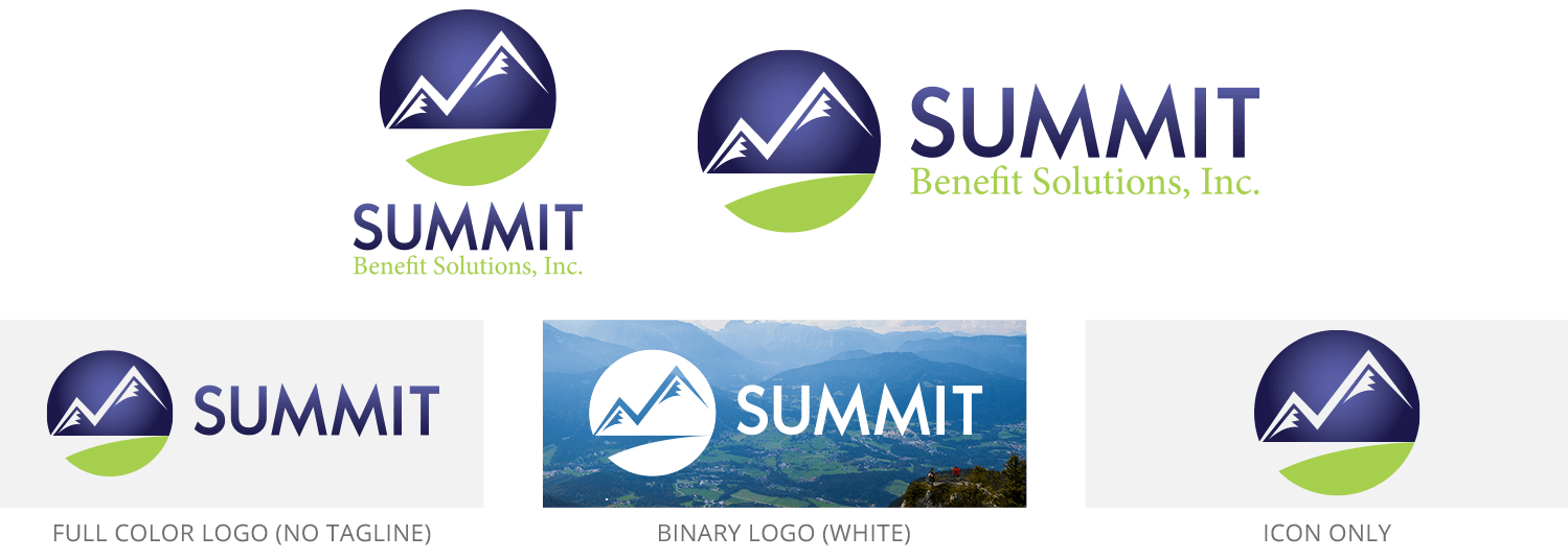 Summit logo set, including official full color, binary color, horizontal, stacked, tagline, and icon versions.