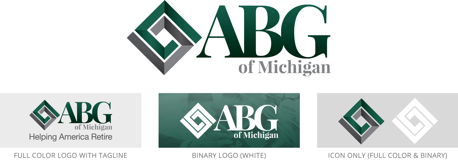 ABG of Michigan logo set, including official full color, binary color, tagline, and icon versions