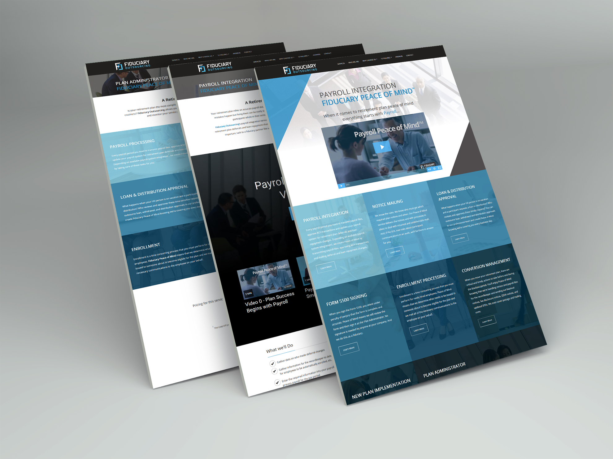 3 screen captures of the Fiduciary Outsourcing website design
