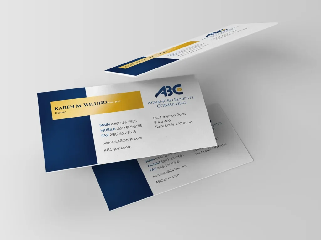 Display of three business cards for Advanced Benefits Consulting