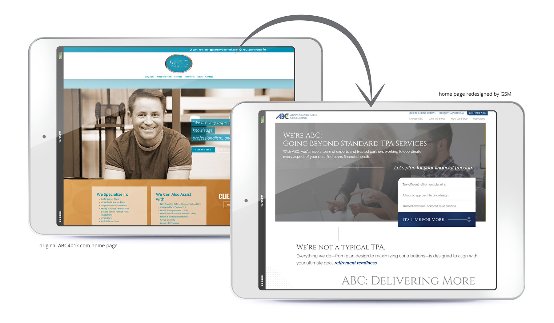 Before-and-after image illustrating the former ABC401k.com home page design and the new design