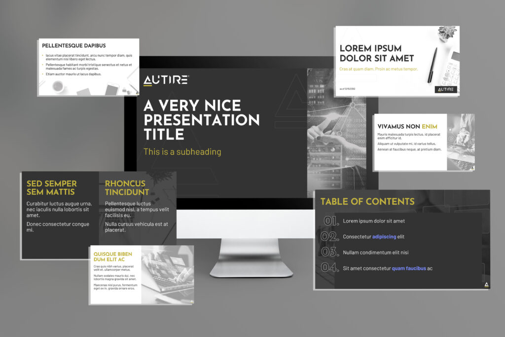 Autire presentation slides displayed as digital screens