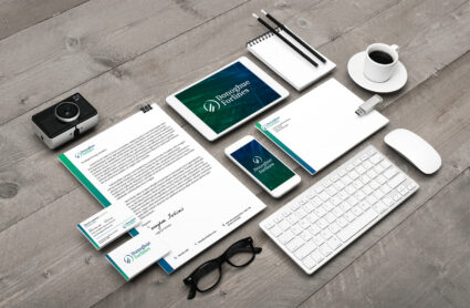 Photo of Donoghue Forlines corporate stationery set arranged for display
