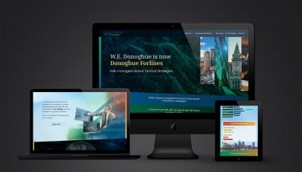 Mock-up of the Donoghue Forlines website on a laptop, a desktop monitor, and a smartphone