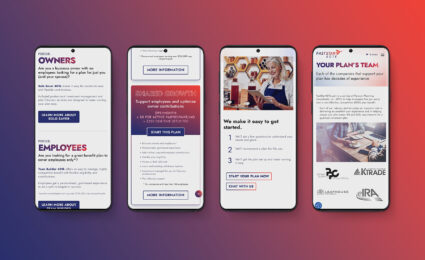 FastStart 401k web design displayed across four smartphones, each showing a different view of the site