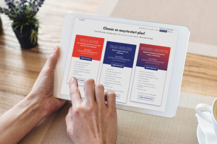 FastStart 401k shop page displayed on a handheld tablet device