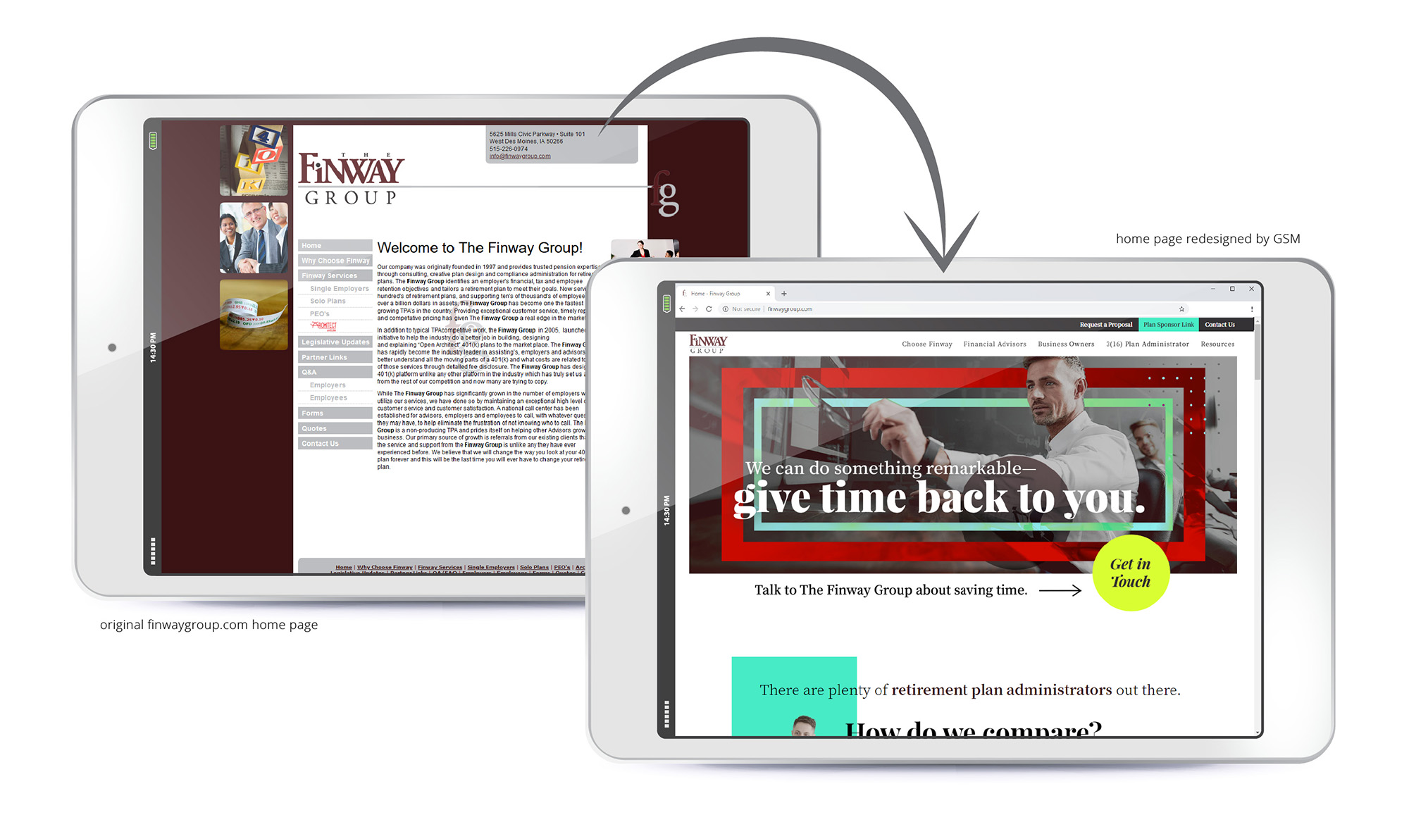 before-and-after of The Finway Group's website redesign