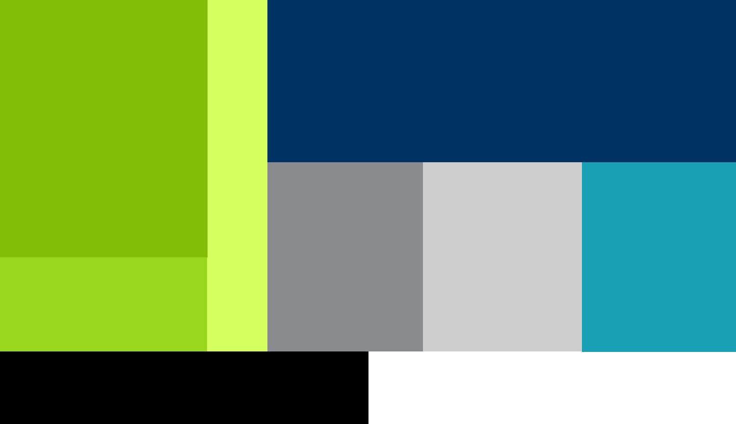 Alternate color palette for GoalPath solutions; similar to the baseline palette shown above, but with less use of dark navy blue and the introduction of more fresh greens and pure whites