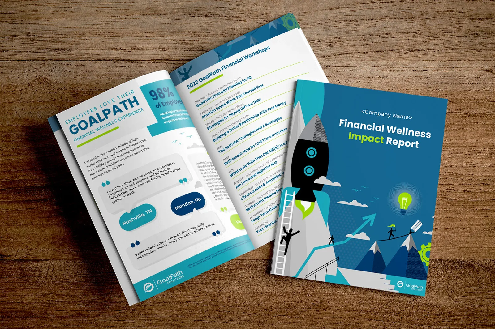 Financial Wellness Report booklet designed with branding for GoalPath Solutions' client audience