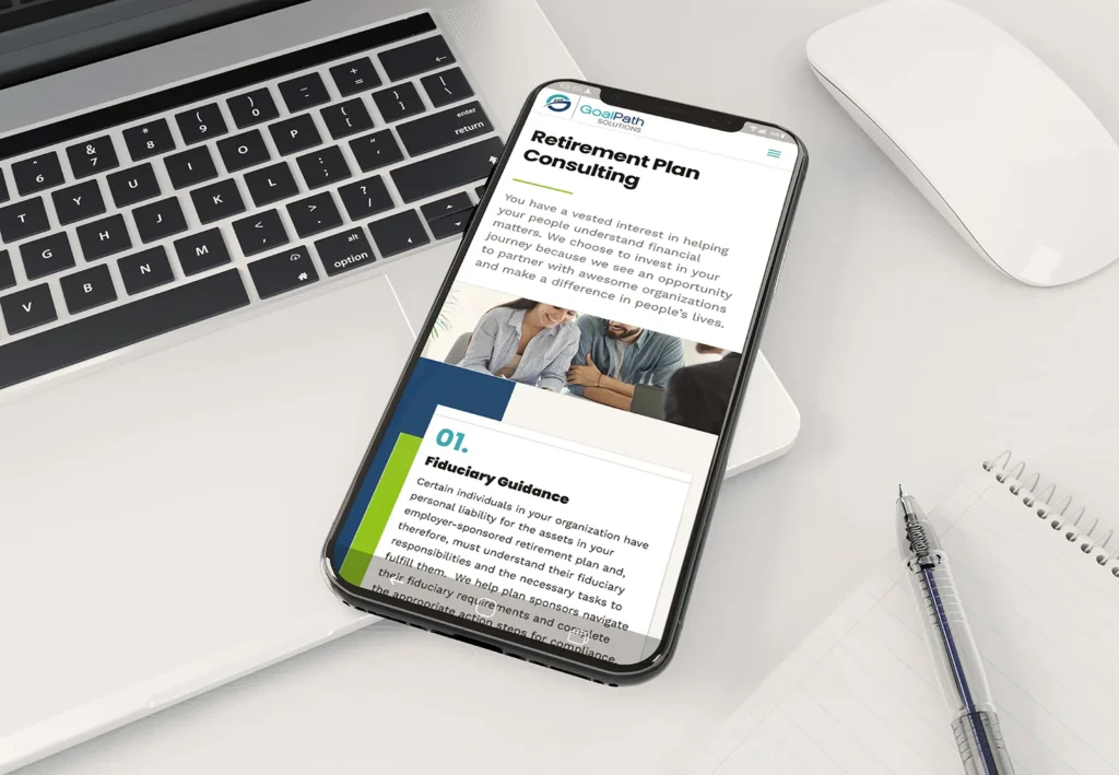 GoalPath Solutions client-side website displayed on a smartphone screen