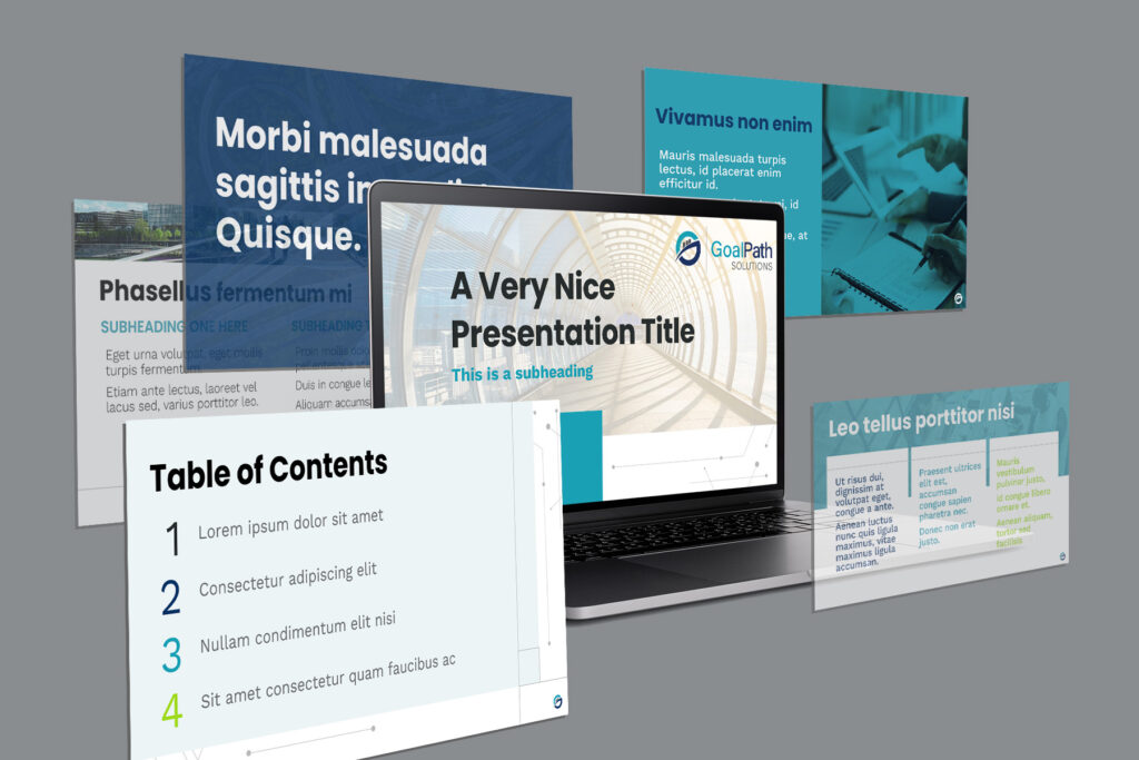 Six GoalPath presentation slides showcased on a desktop screen