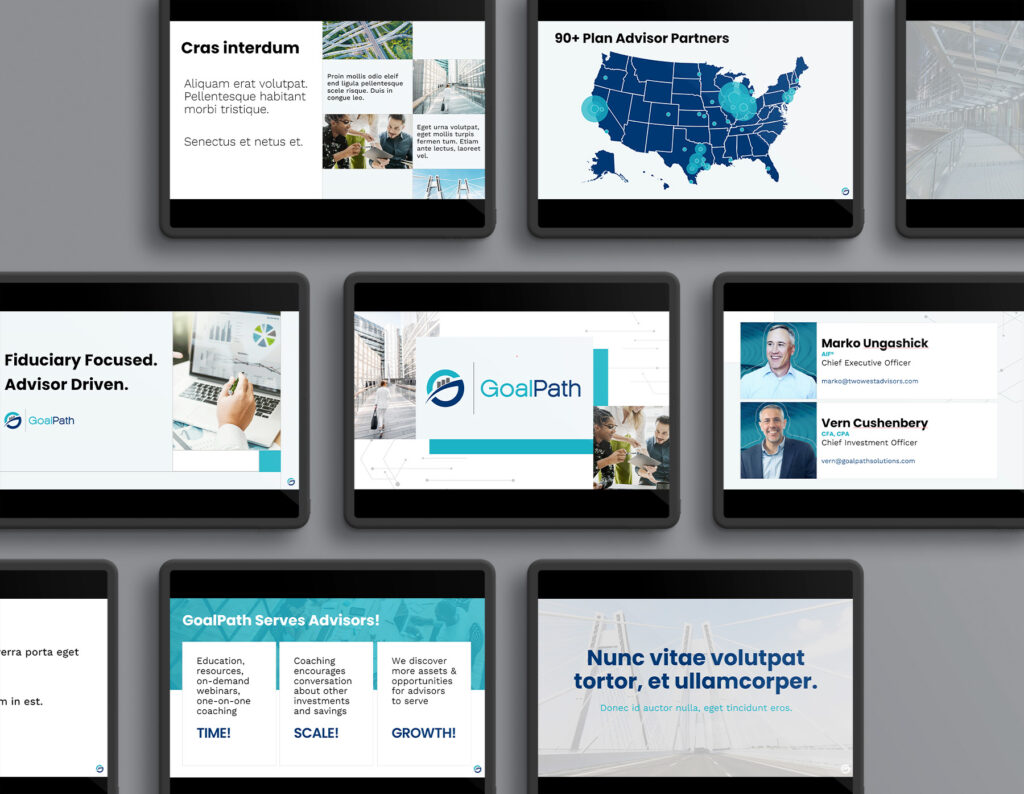 Nine GoalPath presentation slides showcased on tablet screens