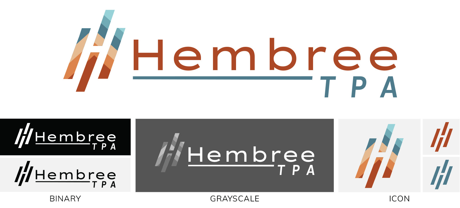 Hembree logo set displaying the primary logo, a binary alternate color, a grayscale color version, and the Hembree icon
