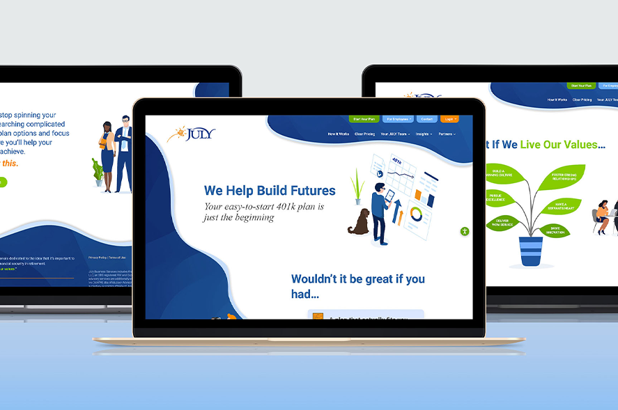 JULY website mockup on laptop screens