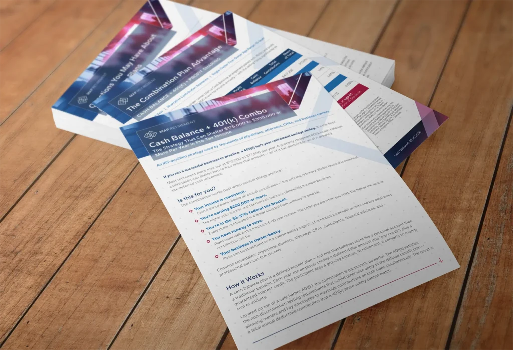 Three pages from the MAP Retirement Cash Balance series of educational handouts