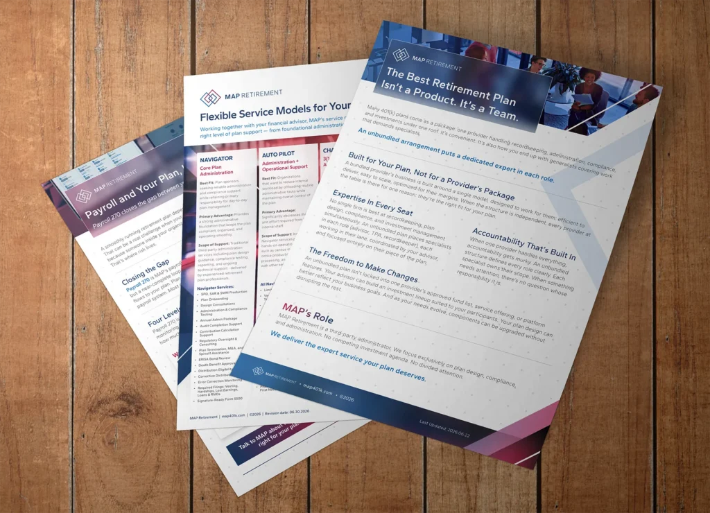 Three sheets of MAP Retirement collateral with various layout designs