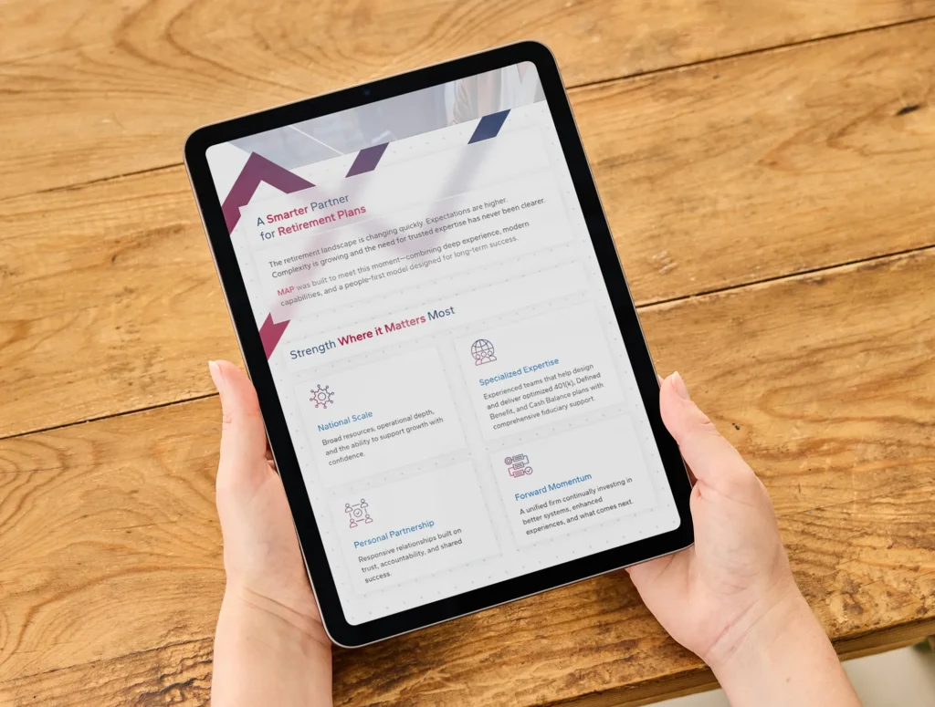MAP website design on a tablet, held vertically