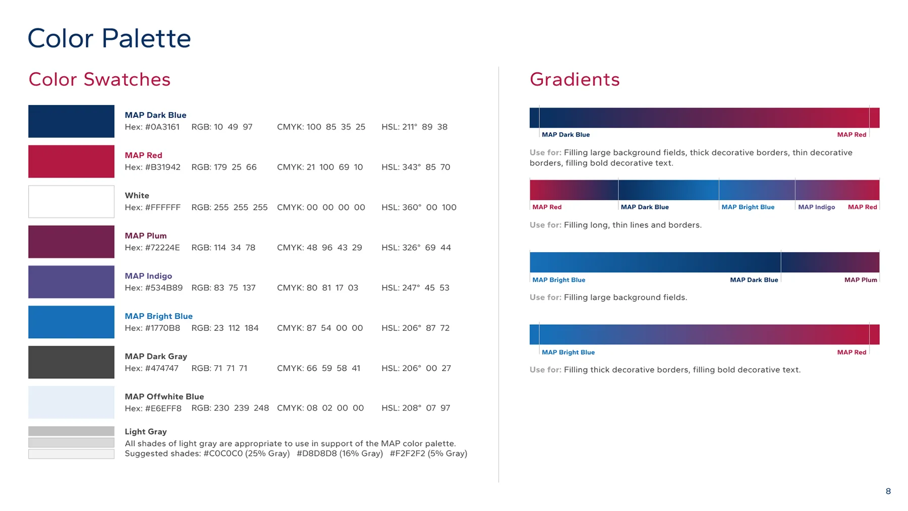 Color and gradient palettes used in the MAP visual identity