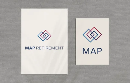 Stacked versions of the MAP Retirement and MAP-only logo designs printed on A5 and A6 paper