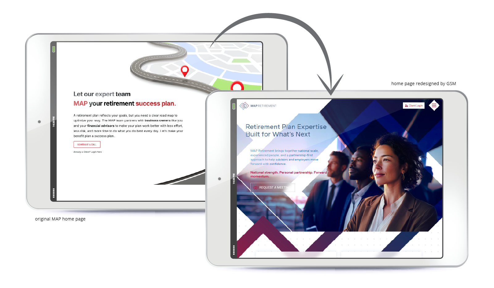 Transformation showing the MAP 401(k) website before and after GSM's redesign