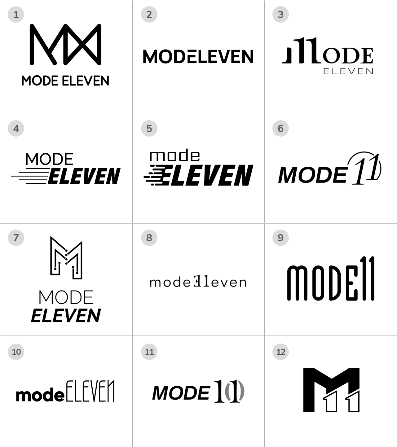 Round 1 of the logo design project; exploring a range of possible ideas in black-and-white, giving the client options for the tone and direction of their logo image