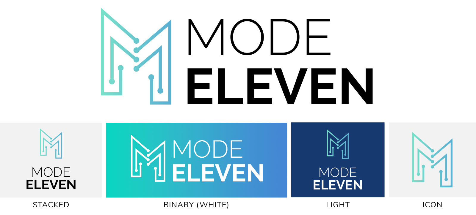Mode Eleven logo set displaying the primary logo, a stacked alternate layout, a white binary color version, a light-against-dark color version, and the Mode Eleven icon