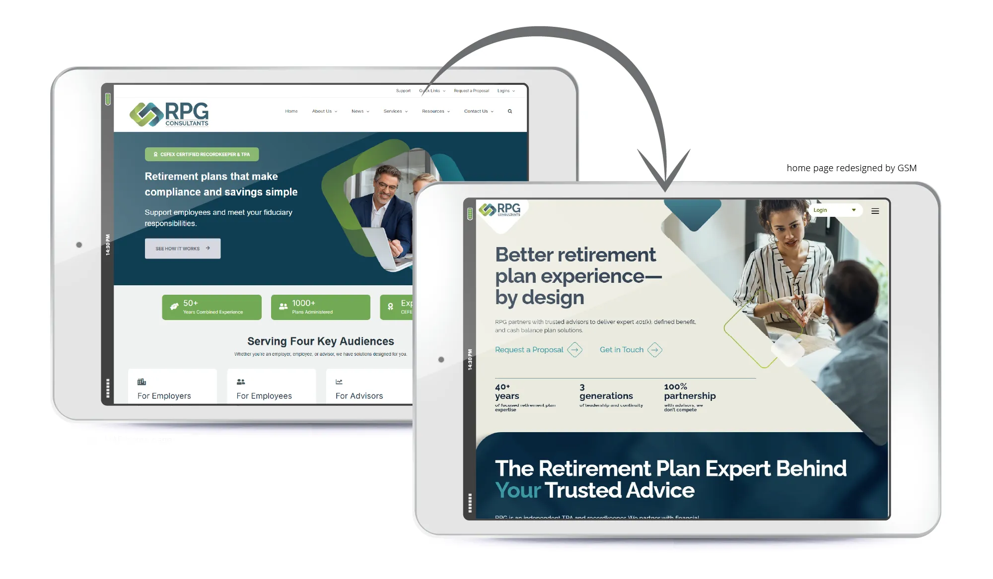 Transformation showing the RPG website before and after GSM's redesign