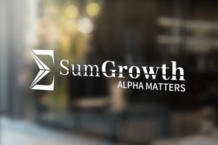 Binary white SumGrowth logo displayed on a clean glass window as a business decal.