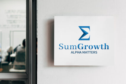 Stacked SumGrowth logo on an office wall sign.