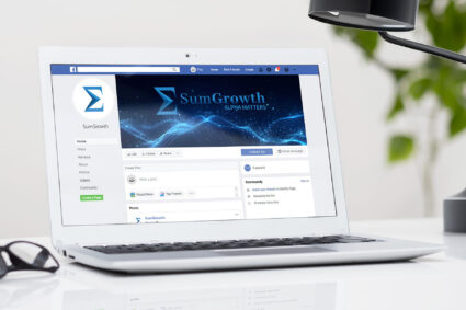 SumGrowth logo displayed on a laptop screen as it may appear on a social media business profile and profile icon.