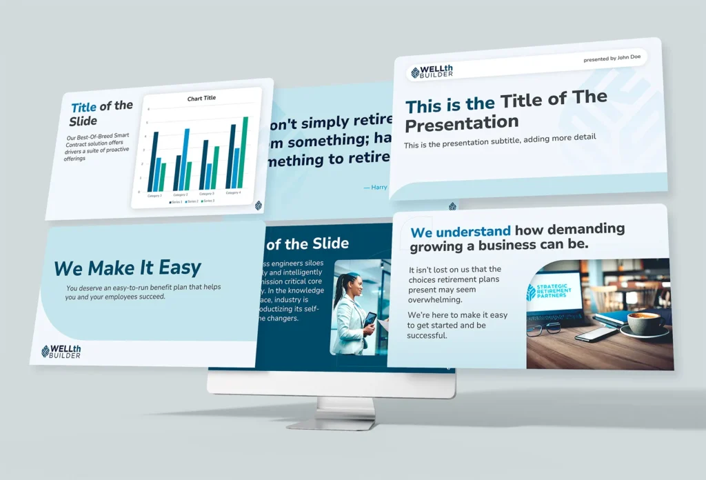 Six WELLthBuilder presentation slides showcased on a desktop screen