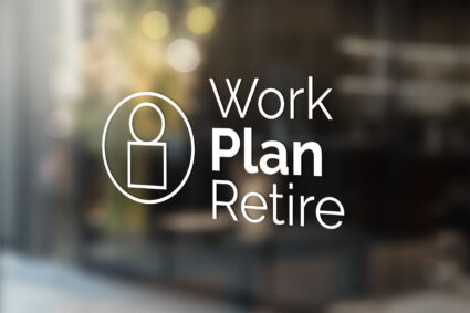 Photo of a Work Plan Retire logo decal, all white, on a glass office door