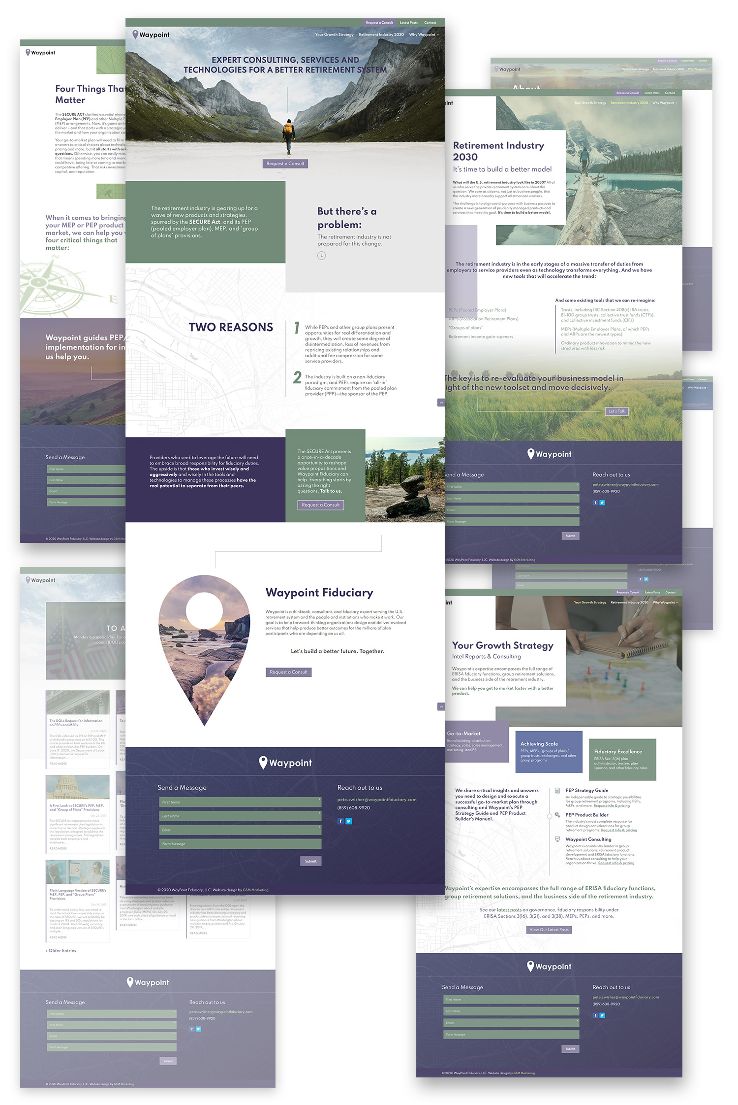 composition laying out multiple full web page designs