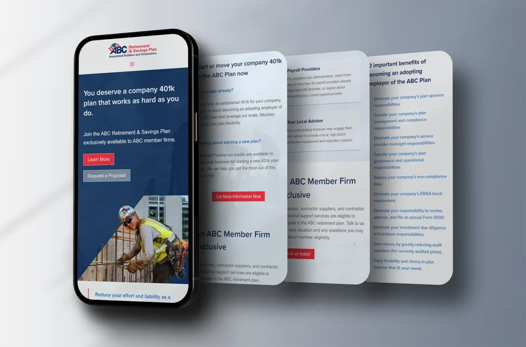 ABC Retirement mobile website displayed across 4 smartphone screens