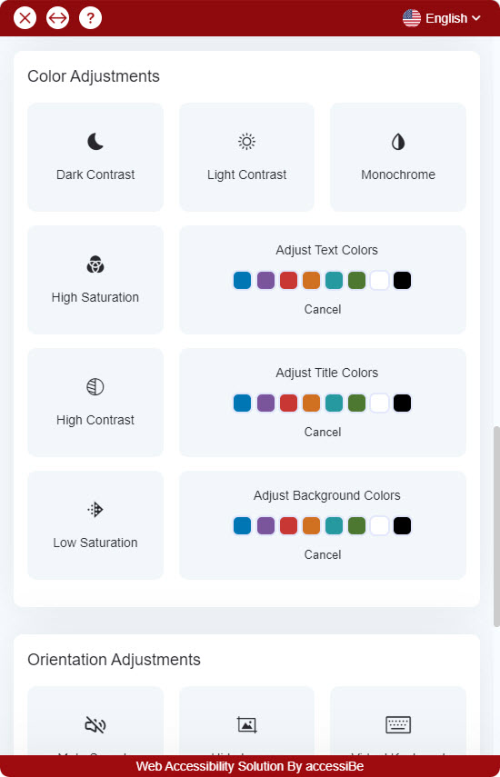Screenshot of the accessiBe tool interface: color adjustments