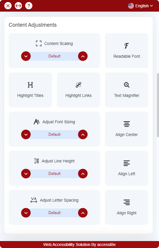 Screenshot of the accessiBe tool interface: text adjustments