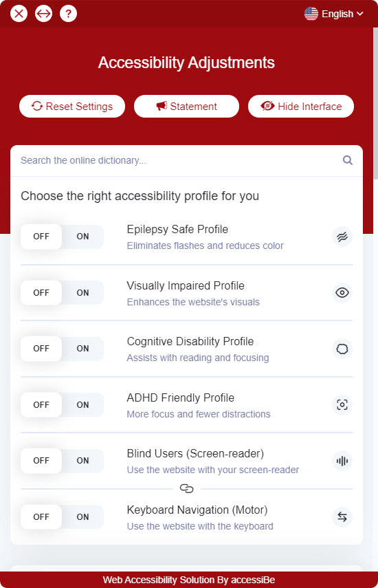 Screenshot of the accessiBe tool interface: profiles for epilepsy, blindness, ADHD, and other conditions
