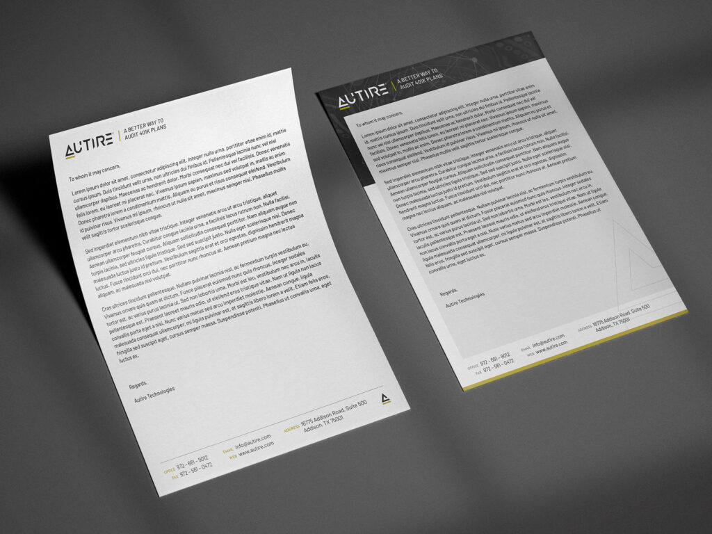 Two Autire letterhead designs, one simple and one fully designed, displayed on a table