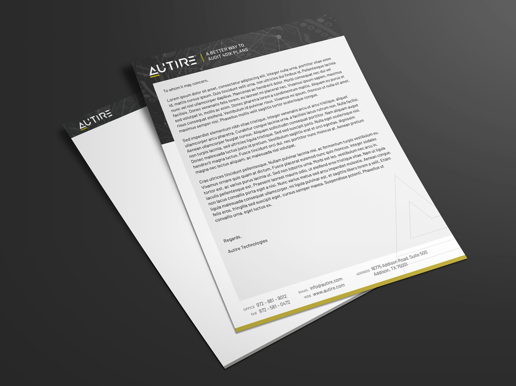 Autire letterhead design, with a cover page and internal page design, displayed on a table