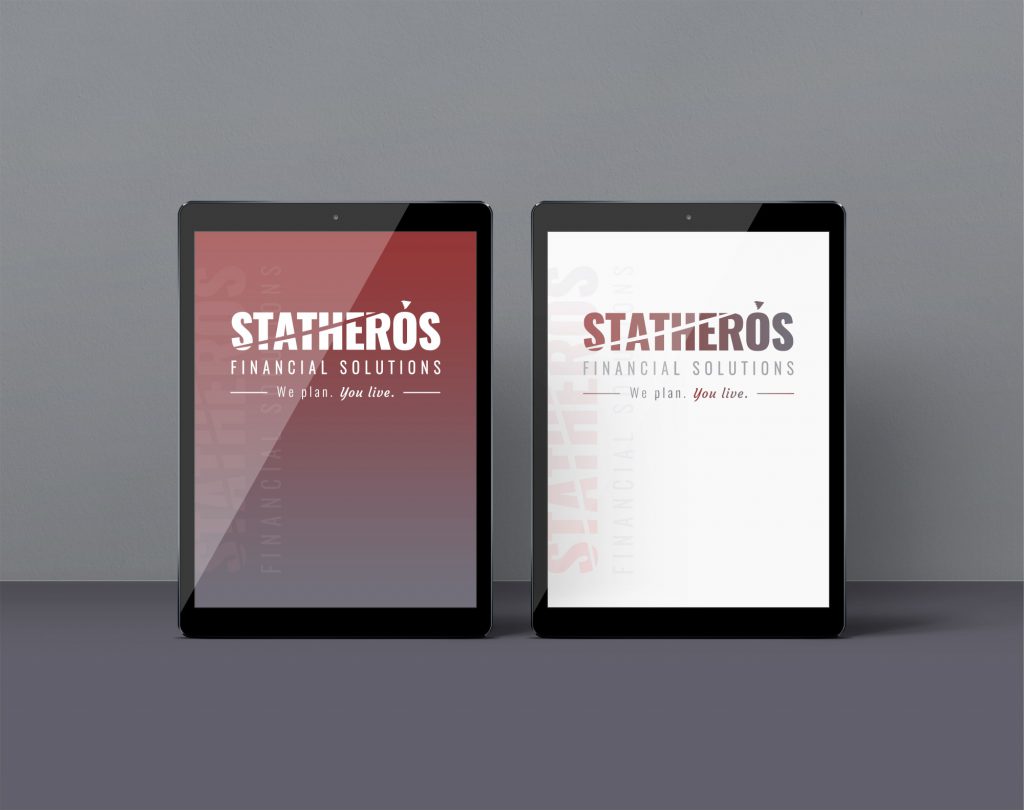 Two Statheros logos, one full-color and one white, displayed on side-by-side tablets